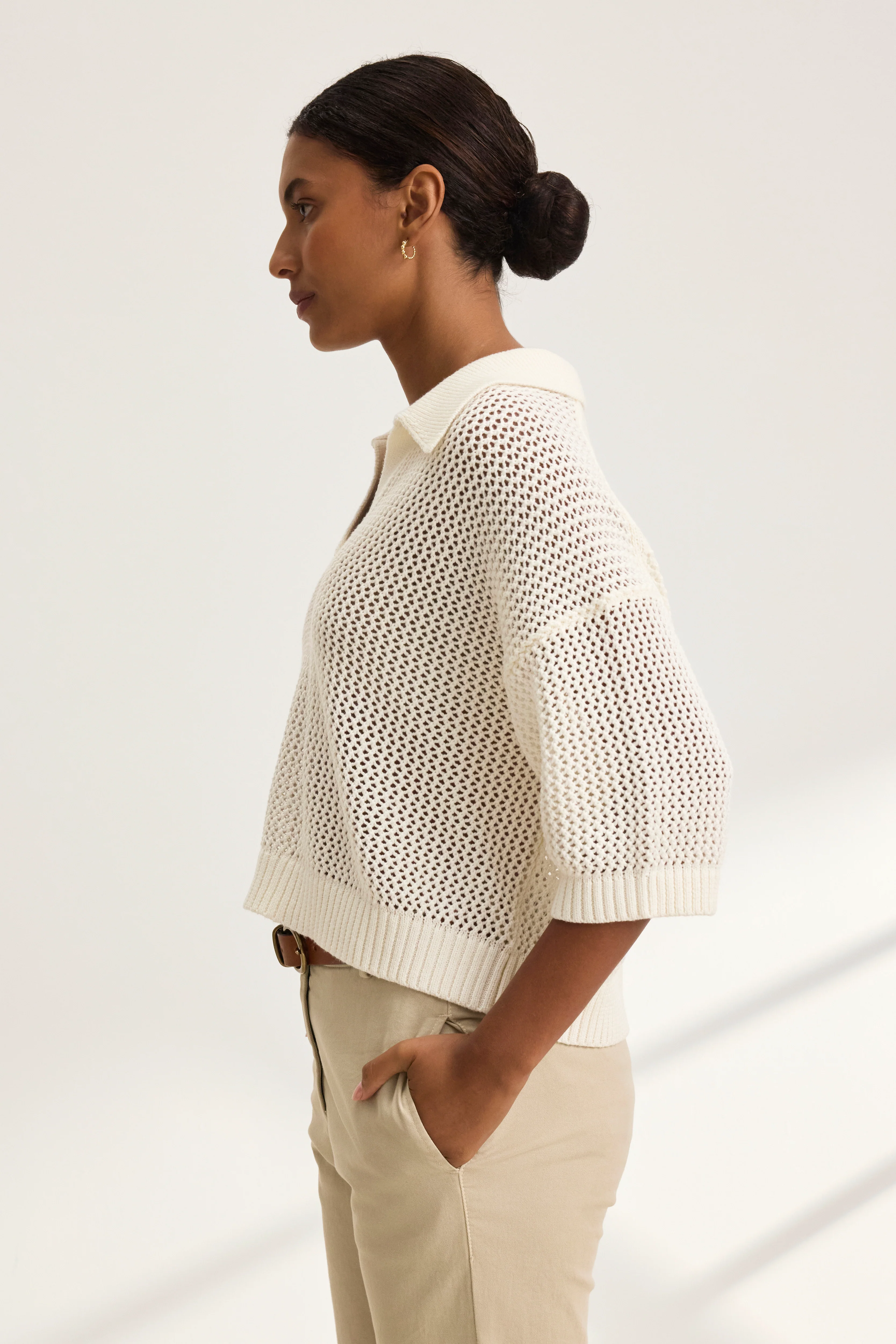 YORK COTTON CASHMERE MESH SWEATER POLO IN MILK - Image 3